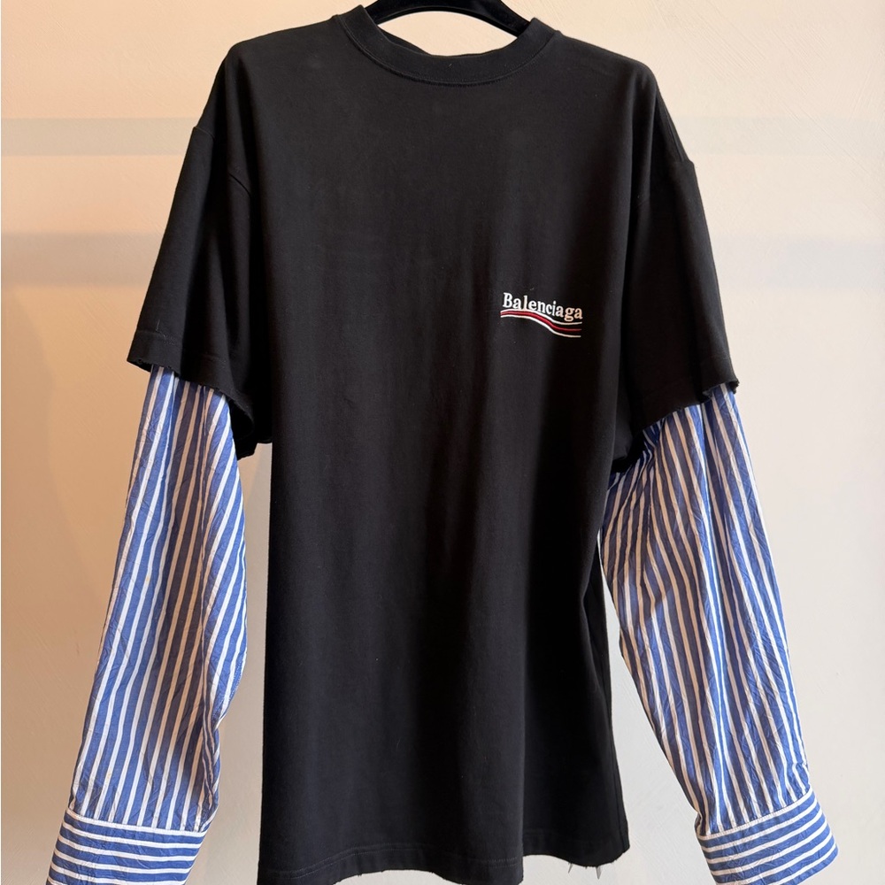 Balenciaga Political Campaign Layered Long Sleeve T-Shirt Black/Blue Stripe Sz 1